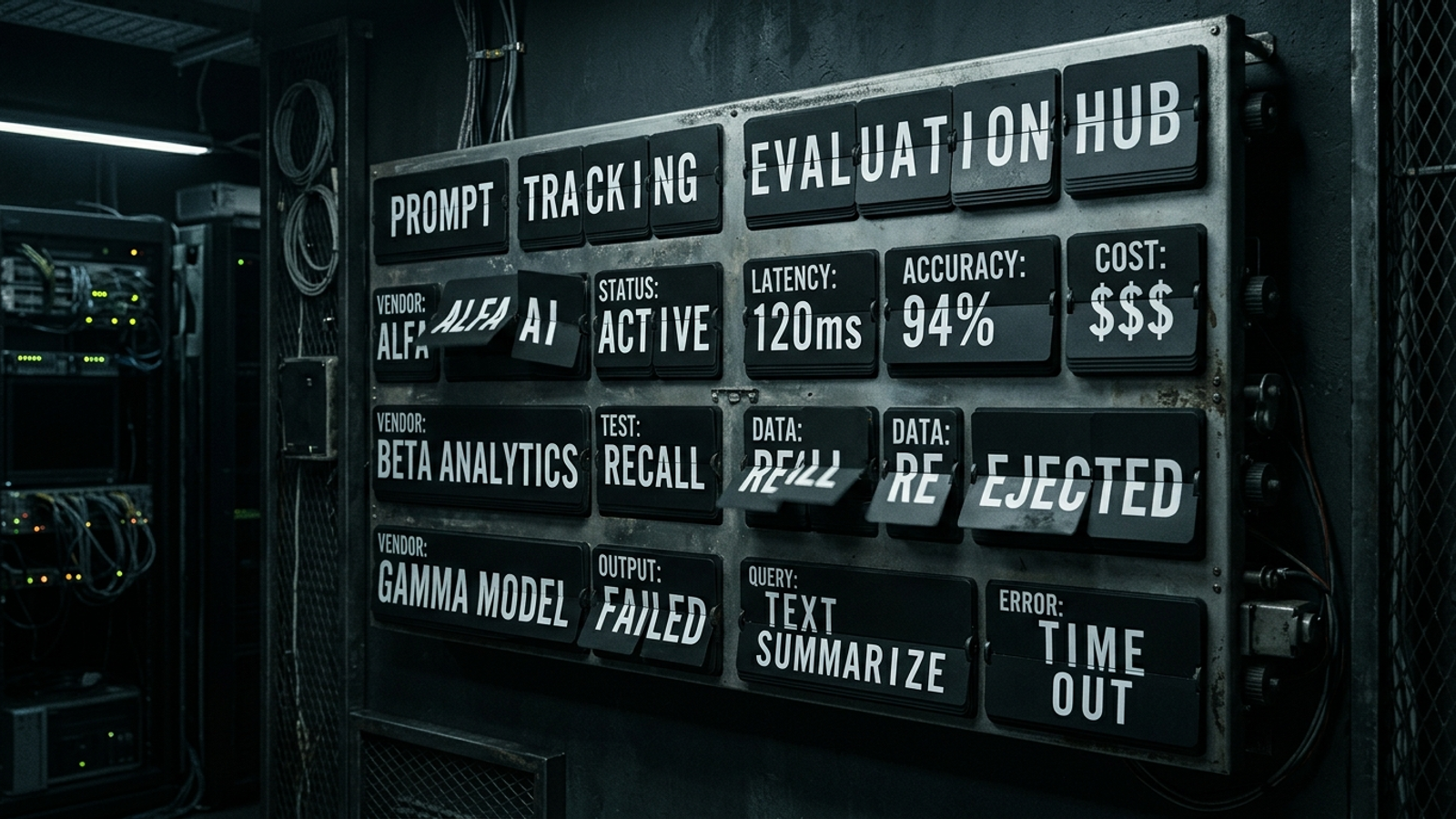 Split-flap departure board displaying search prompts and competing brand names in sharp high-contrast lighting