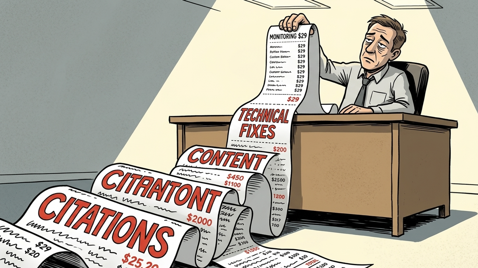 Cartoon invoice with a small monitoring charge and a page of execution costs