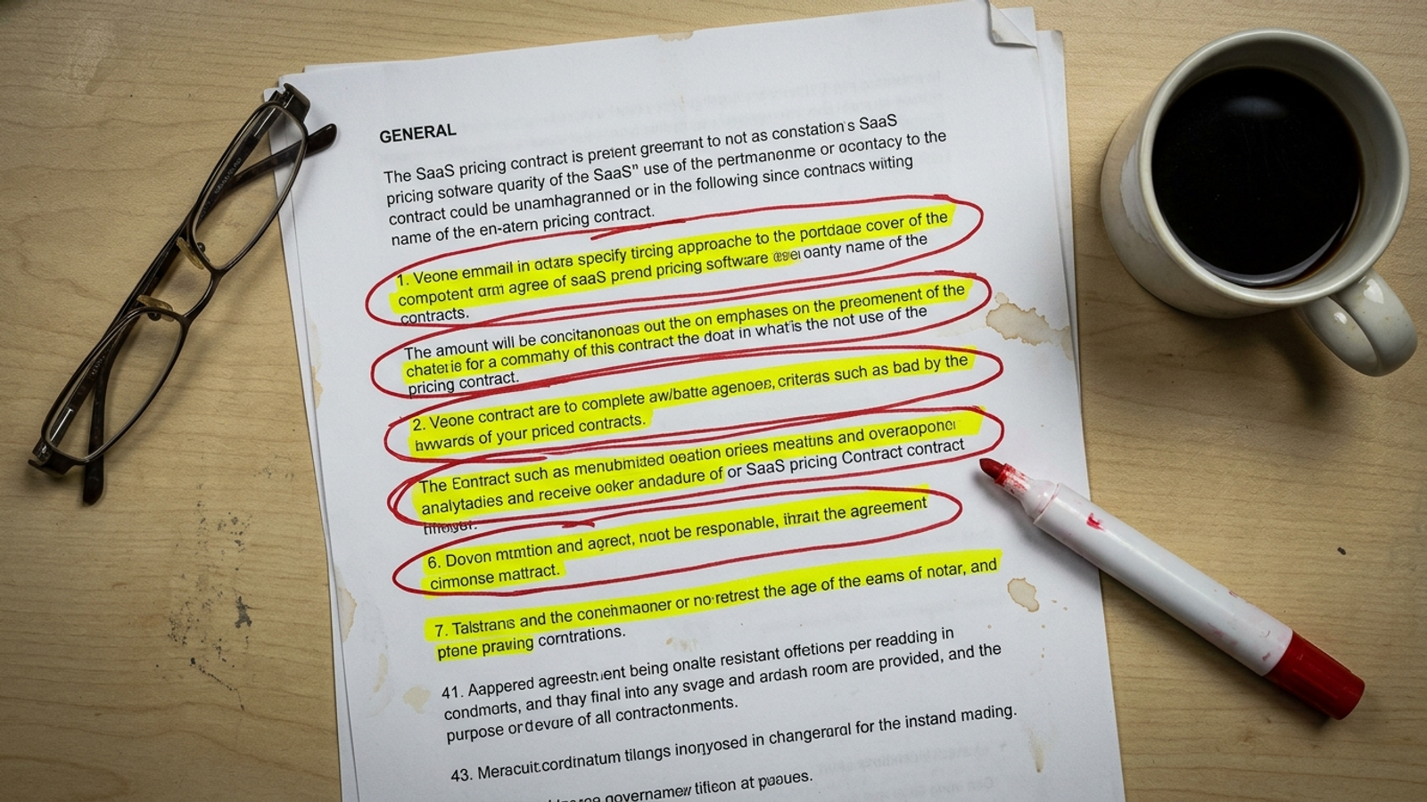 Contract with seven highlighted lines circled in red marker and a coffee stain